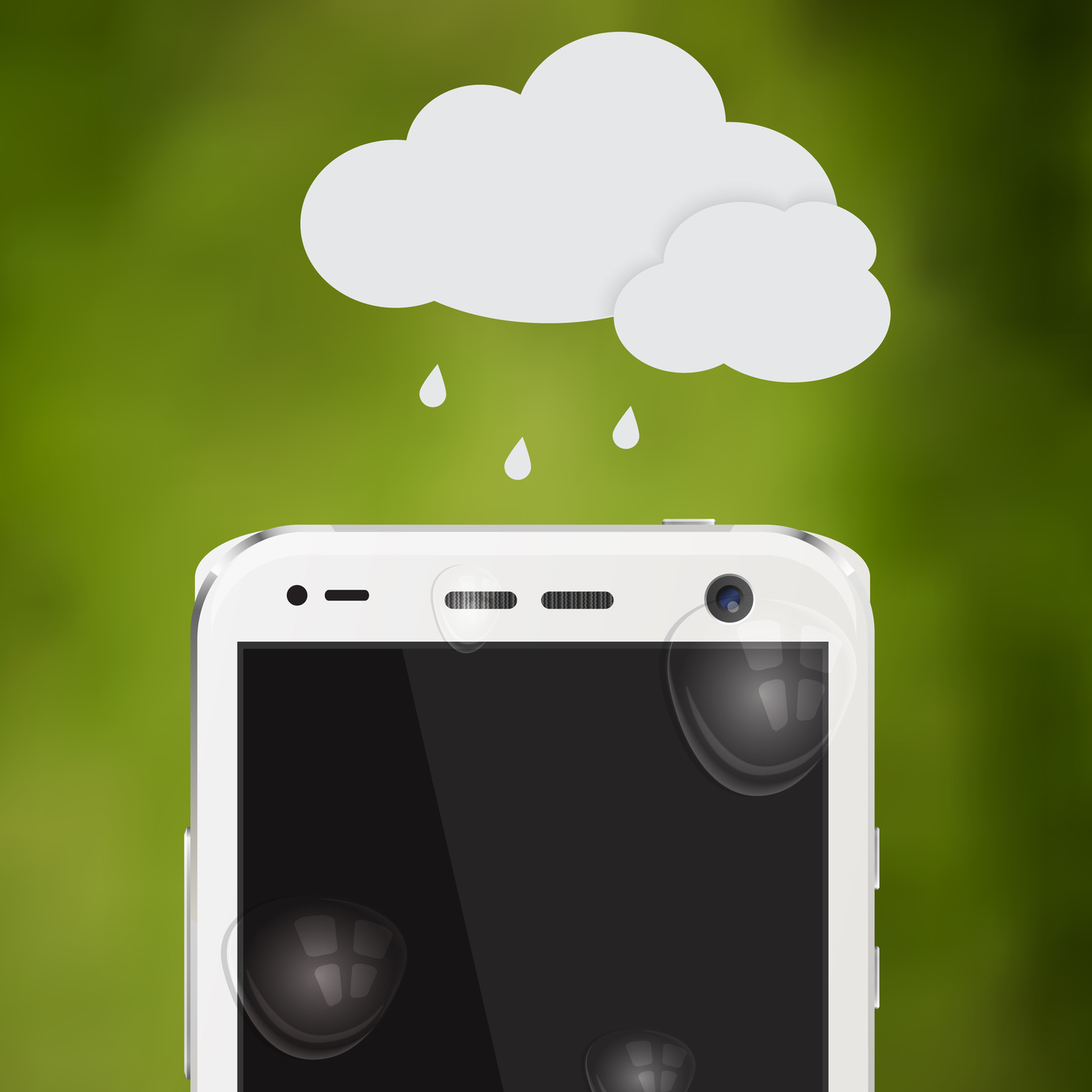 A white vector cloud sprouts down little white vector raindrops on a susceptible cell phone.